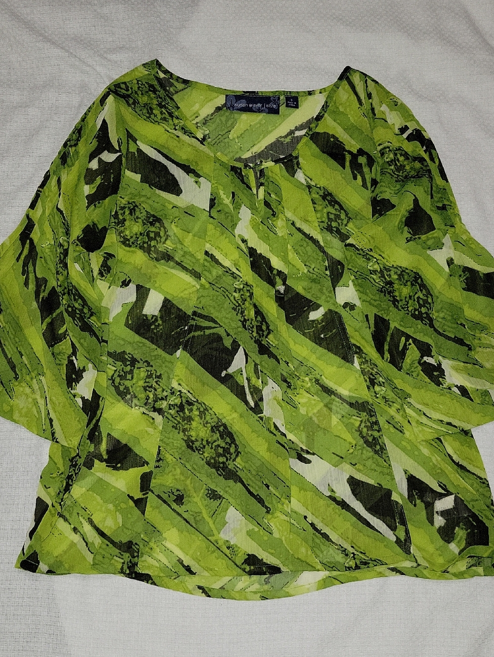 Susan Graver Style Green Black Sheer Top Blouse Small